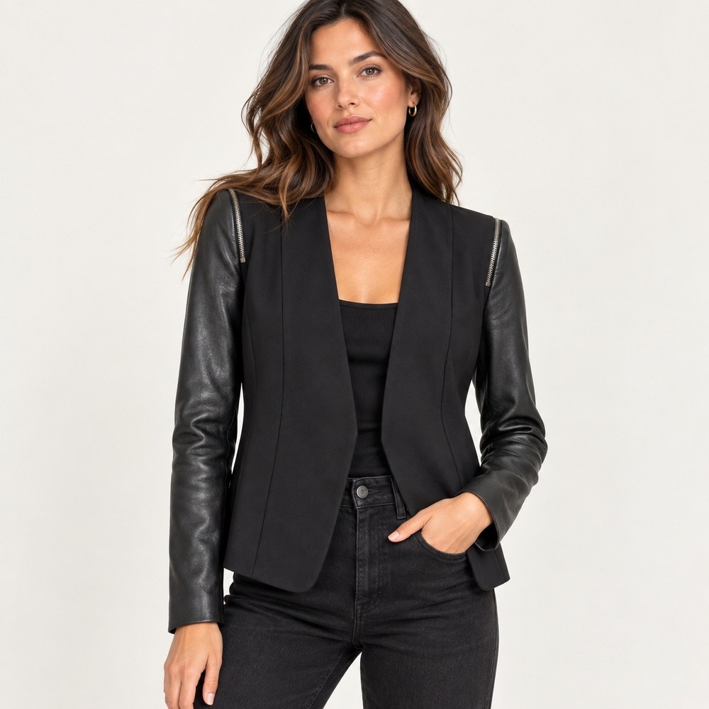 Theory Blazer Yaisa Classical Goat Leather Sleeve Womens Black S Zipper Detail